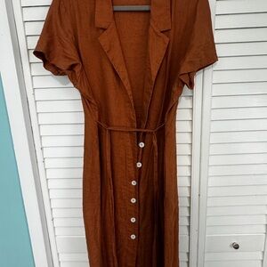 Quince Rust Colored 100% Linen Dress with Buttons